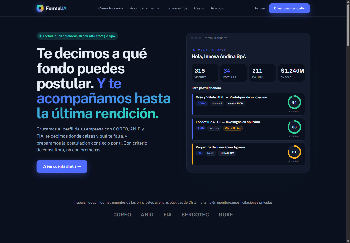 Portada de formulia.cl: el panel muestra convocatorias ordenadas por puntaje de afinidad.