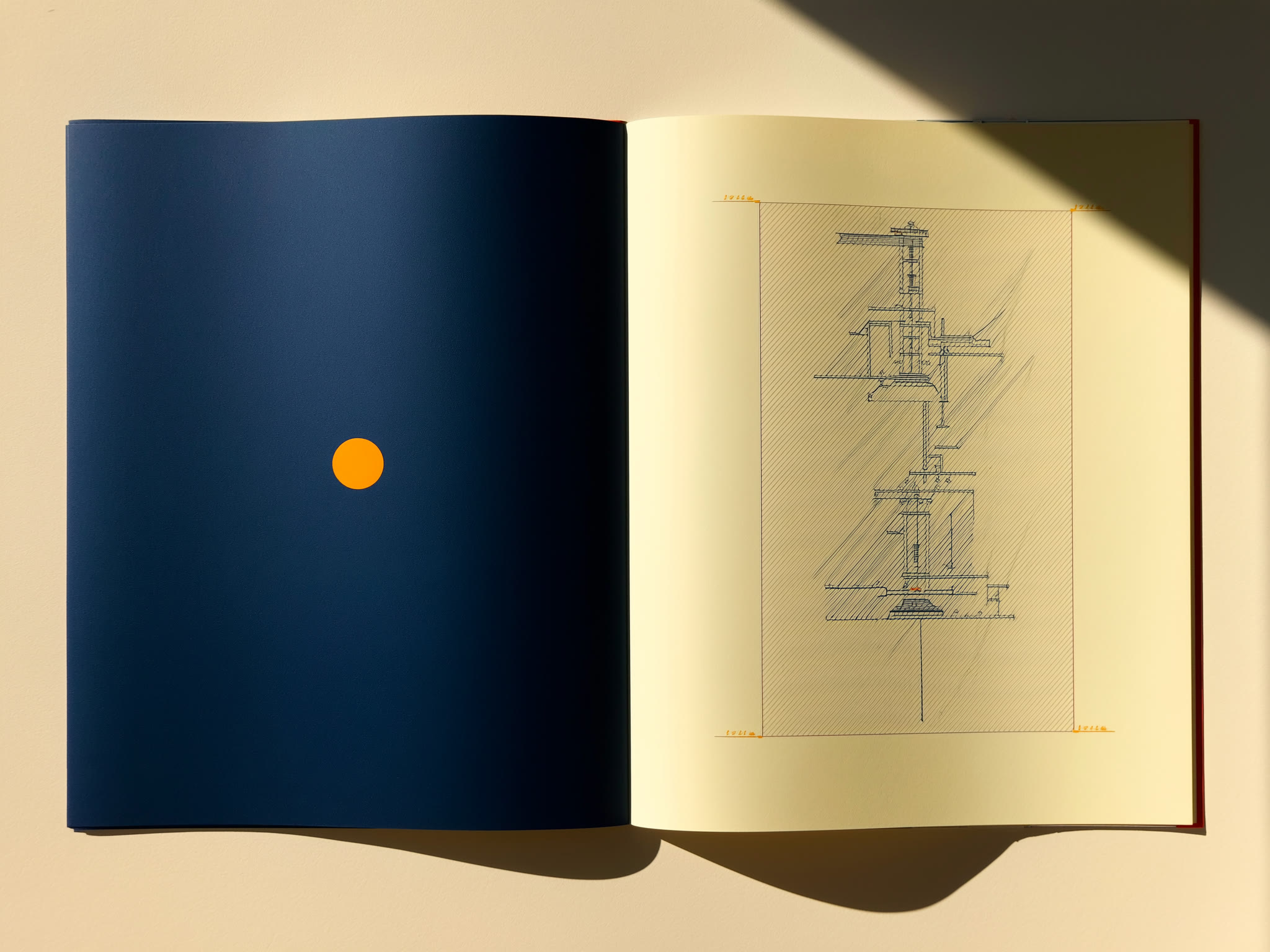 Fotografía cenital de un manual de normas gráficas abierto: la página izquierda es un campo navy con un único punto ámbar; la derecha, una lámina de papel con un diagrama de construcción.